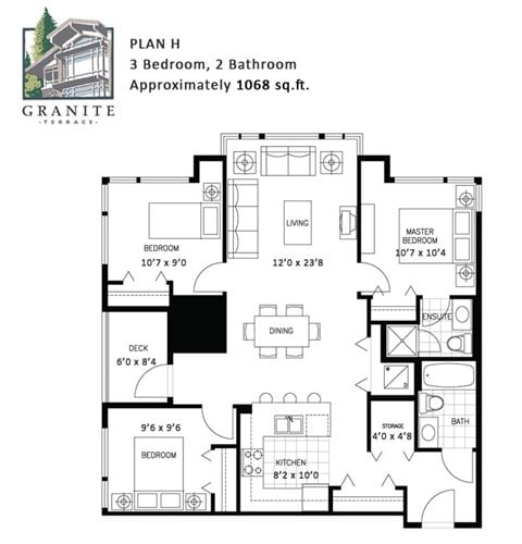 Floor plan for 3 beds, 2 baths, 1017 sqft
